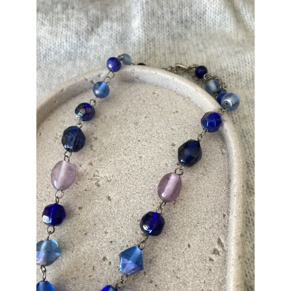 Cobalt Blue Glass Pendant Necklace Purple Beaded‎ Boho Silver Tone Artsy Artisan